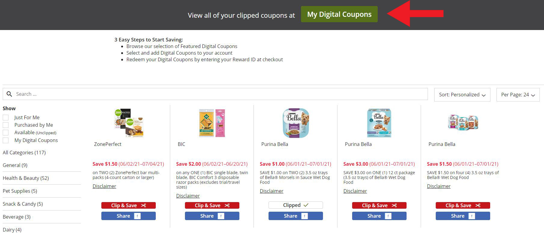 My digital coupons page sample