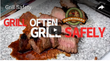 Screenshot of Grill Safety video. Sliced beef rests on slab of granite.
