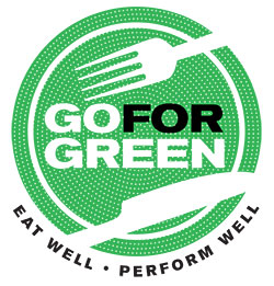 A green texture circle with a white fork and knife and the words "Go for green." Around the perimeter of the circle the words "eat well, perform well" are seen