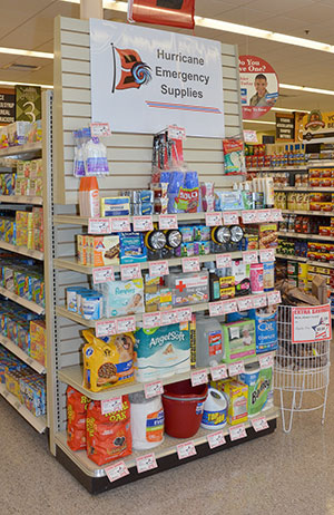 End cap with emergency supplies