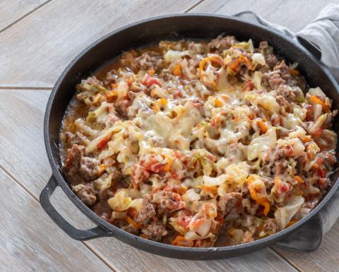 Unrolled stuffed cabbage in a cast iron skillet