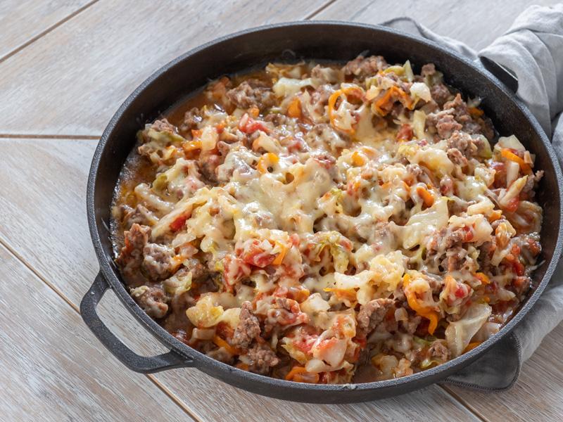 Unrolled stuffed cabbage in a cast iron skillet